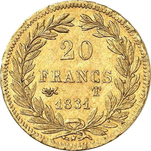Rewers monety - 20 franków 1831 T "Rant wypukły" Nantes - cena złotej monety - Francja, Ludwik Filip I