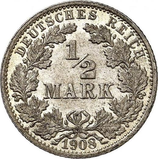 Аверс монеты - 1/2 марки 1908 года J "Тип 1905-1919" - цена серебряной монеты - Германия, Германская Империя