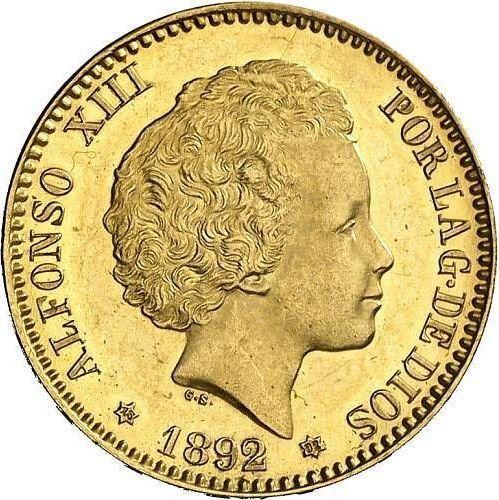 Аверс монеты - 20 песет 1892 года PGM - цена золотой монеты - Испания, Альфонсо XIII