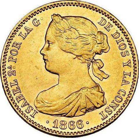 Аверс монеты - 10 эскудо 1866 года Шестиконечные звёзды - цена золотой монеты - Испания, Изабелла II