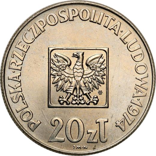 Anverso Pruebas 20 eslotis 1974 MW JMN "30 aniversario de la República Popular de Polonia" Níquel - valor de la moneda  - Polonia, República Popular