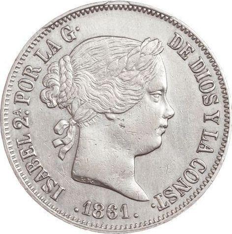 Anverso 20 reales 1861 "Tipo 1855-1864" Estrellas de siete puntas - valor de la moneda de plata - España, Isabel II
