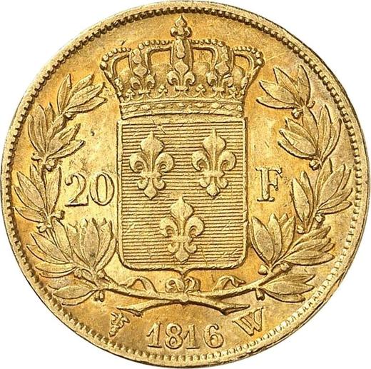 Rewers monety - 20 franków 1816 W "Typ 1816-1824" Lille - cena złotej monety - Francja, Ludwik XVIII
