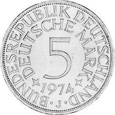 Аверс монеты - 5 марок 1974 года J - цена серебряной монеты - Германия, ФРГ