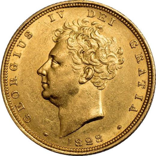 Аверс монеты - Соверен 1828 года - цена золотой монеты - Великобритания, Георг IV
