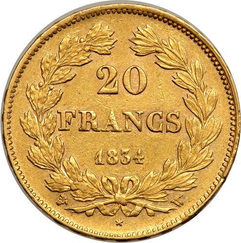 Reverse 20 Francs 1834 W "Type 1832-1848" Lille - France, Louis Philippe I