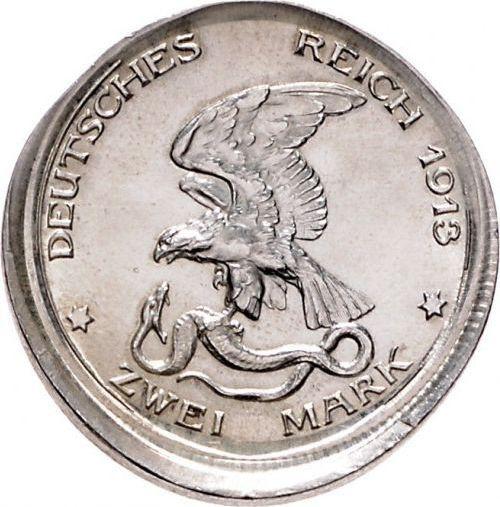 Реверс монеты - 2 марки 1913 года A "Пруссия" Освободительная война Смещение штемпеля - цена серебряной монеты - Германия, Германская Империя