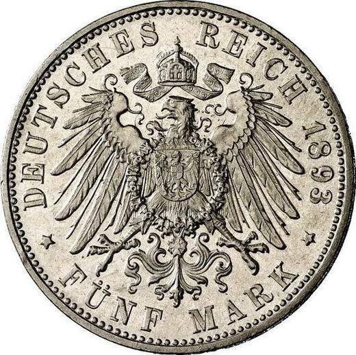 Reverso 5 marcos 1893 J "Hamburg" - valor de la moneda de plata - Alemania, Imperio alemán