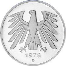 Reverso 5 marcos 1976 D - valor de la moneda  - Alemania, RFA