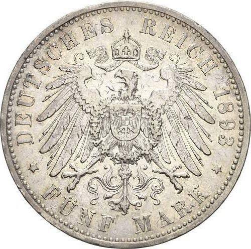 Реверс монеты - 5 марок 1893 года F "Вюртемберг" - цена серебряной монеты - Германия, Германская Империя