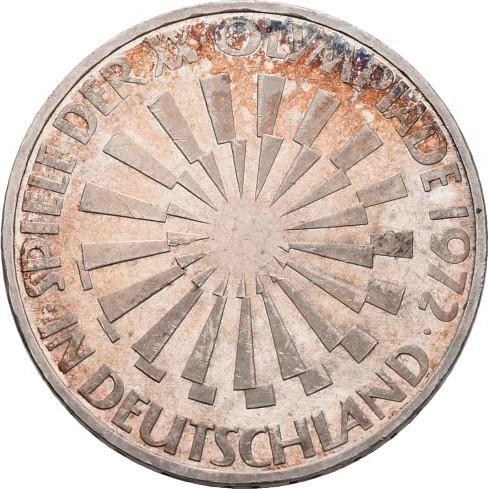 Аверс монеты - 10 марок 1972 года "XX летние Олимпийские игры" Поворот штемпеля - цена серебряной монеты - Германия, ФРГ