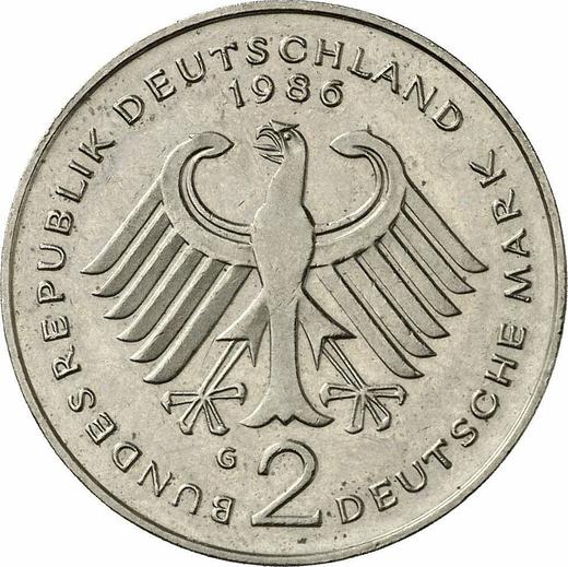 Reverso 2 marcos 1986 G "Theodor Heuss" - valor de la moneda  - Alemania, RFA