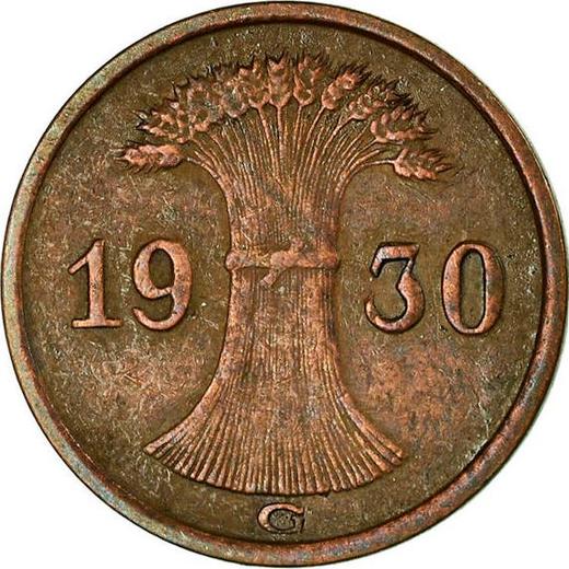 Реверс монеты - 1 рейхспфенниг 1930 года G - цена  монеты - Германия, Bеймарская республика