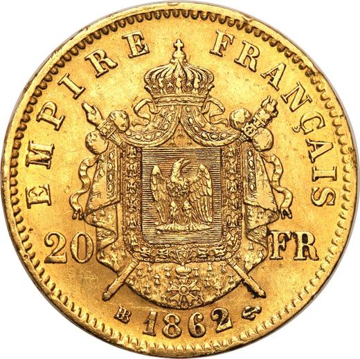 Reverso 20 francos 1862 BB "Tipo 1861-1870" Estrasburgo - valor de la moneda de oro - Francia, Napoleón III Bonaparte