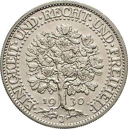Reverso 5 Reichsmarks 1930 J "Roble" - valor de la moneda de plata - Alemania, República de Weimar