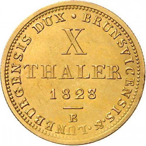 Reverso 10 táleros 1828 B - valor de la moneda de oro - Hannover, Jorge IV