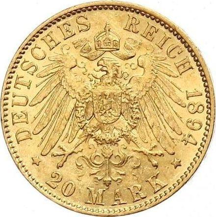 Reverso 20 marcos 1894 J "Hamburg" - valor de la moneda de oro - Alemania, Imperio alemán