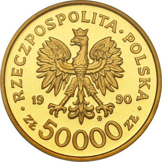 Anverso 50000 eslotis 1990 MW "10 aniversario de la fundación de Solidaridad" - valor de la moneda de oro - Polonia, República moderna