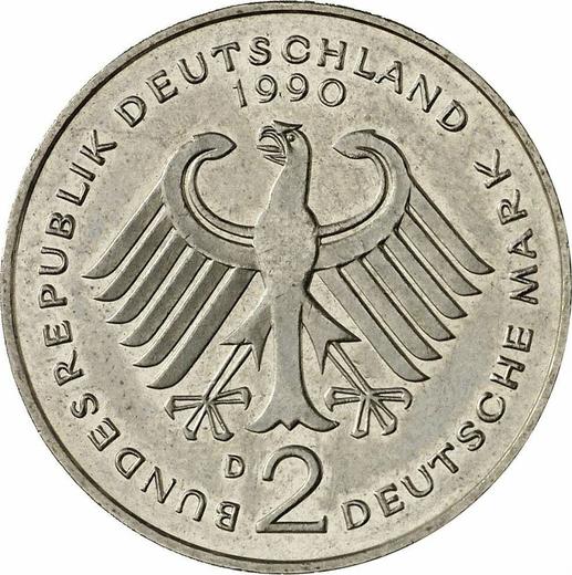 Reverso 2 marcos 1990 D "Kurt Schumacher" - valor de la moneda  - Alemania, RFA