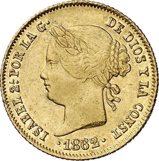 Аверс монеты - 4 песо 1862 года - цена золотой монеты - Филиппины, Изабелла II