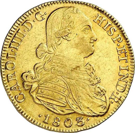 Аверс монеты - 8 эскудо 1803 года NR JJ - цена золотой монеты - Колумбия, Карл IV