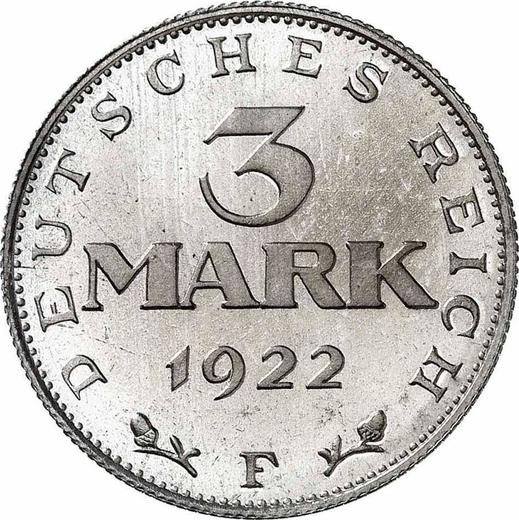 Reverso 3 marcos 1922 F "Constitución" - valor de la moneda  - Alemania, República de Weimar
