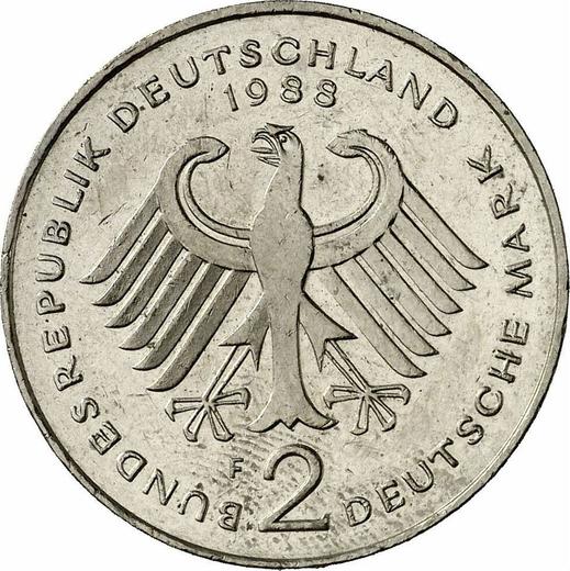Reverse 2 Mark 1988 F "Kurt Schumacher" -  Coin Value - Germany, FRG