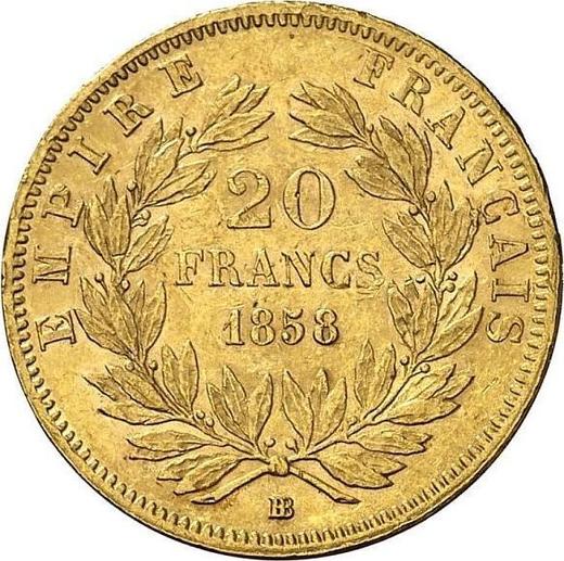 Reverso 20 francos 1858 BB "Tipo 1853-1860" Estrasburgo - valor de la moneda de oro - Francia, Napoleón III Bonaparte
