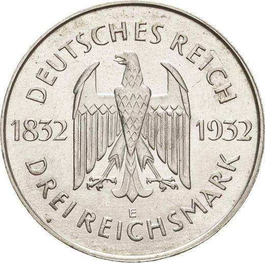 Anverso 3 Reichsmarks 1932 E "Goethe" - valor de la moneda de plata - Alemania, República de Weimar