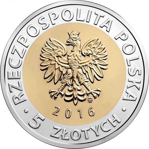 Anverso 5 eslotis 2016 MW "Molino de sacerdotes en Lodz" - valor de la moneda  - Polonia, República moderna