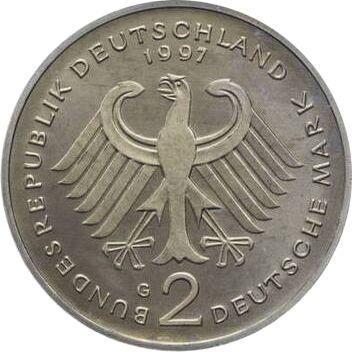 Реверс монеты - 2 марки 1997 года G "Людвиг Эрхард" - цена  монеты - Германия, ФРГ