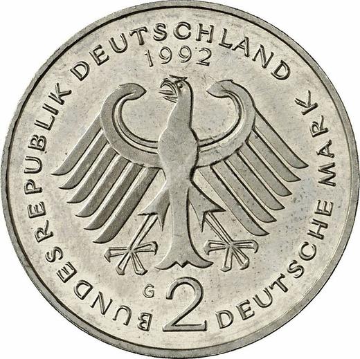 Реверс монеты - 2 марки 1992 года G "Людвиг Эрхард" - цена  монеты - Германия, ФРГ