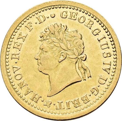 Аверс монеты - 5 талеров 1828 года B - цена золотой монеты - Ганновер, Георг IV