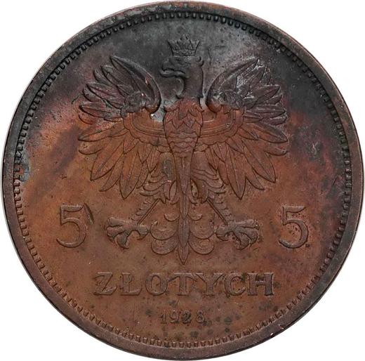 Аверс монеты - Пробные 5 злотых 1928 года "Ника" Медь - цена  монеты - Польша, II Республика