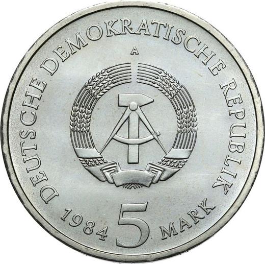 Reverso 5 marcos 1984 A "Ayuntamiento viejo de Leipzig" - valor de la moneda  - Alemania, República Democrática Alemana (RDA)