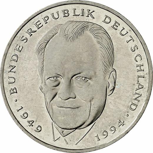 Аверс монеты - 2 марки 1996 года D "Вилли Брандт" - цена  монеты - Германия, ФРГ