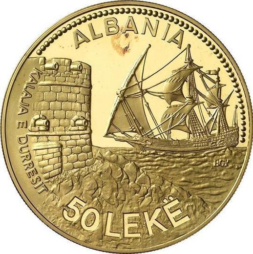 Anverso 50 leke 1987 "Puerto de Durrës" - valor de la moneda de oro - Albania, República Popular