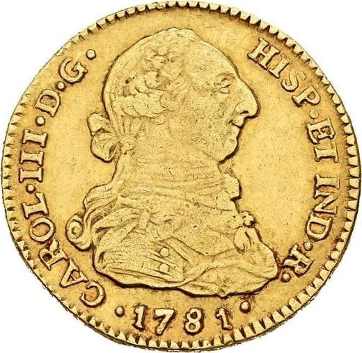 Аверс монеты - 2 эскудо 1781 года P SF - цена золотой монеты - Колумбия, Карл III