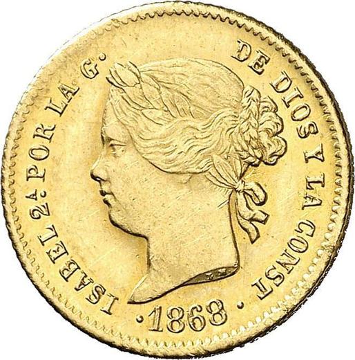 Аверс монеты - 2 песо 1868 года - цена золотой монеты - Филиппины, Изабелла II