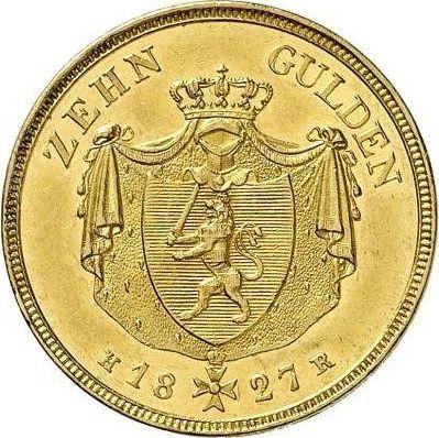 Реверс монеты - 10 гульденов 1827 года H. R. - цена золотой монеты - Гессен-Дармштадт, Людвиг I