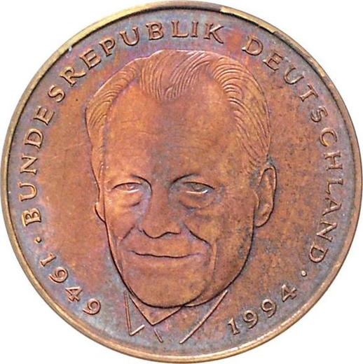 Awers monety - 2 marki 1997 A "Willy Brandt" Miedź Rant gładki - cena  monety - Niemcy, RFN