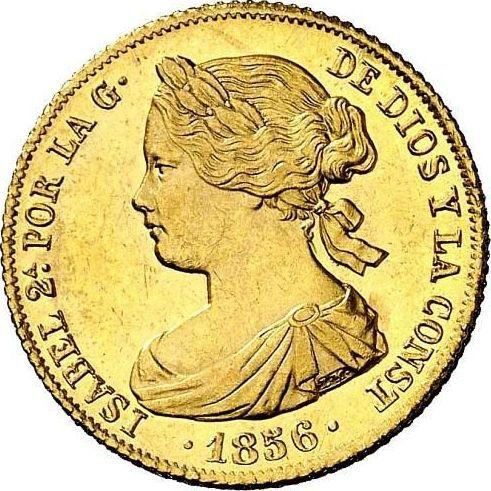 Аверс монеты - 100 реалов 1856 года Восьмиконечные звёзды - цена золотой монеты - Испания, Изабелла II