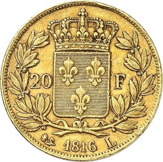 Reverso 20 francos 1816 L "Tipo 1816-1824" Bayona - valor de la moneda de oro - Francia, Luis XVII