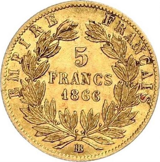 Reverso 5 francos 1866 BB "Tipo 1862-1869" Estrasburgo - valor de la moneda de oro - Francia, Napoleón III Bonaparte