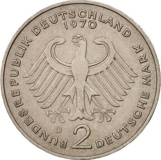 Rewers monety - 2 marki 1970 D "Theodor Heuss" - cena  monety - Niemcy, RFN