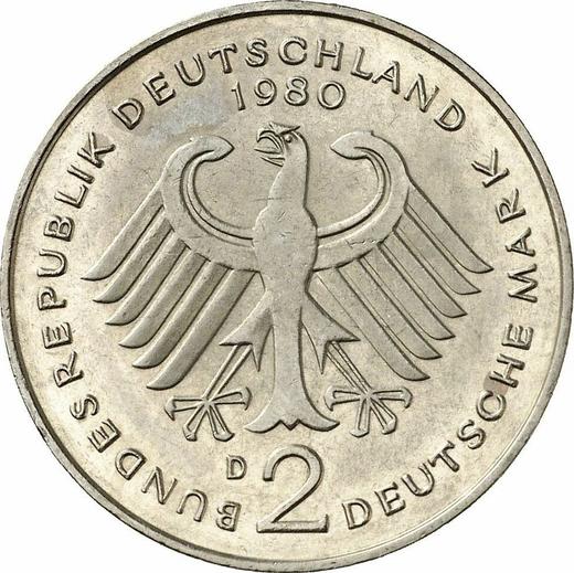 Rewers monety - 2 marki 1980 D "Konrad Adenauer" - cena  monety - Niemcy, RFN