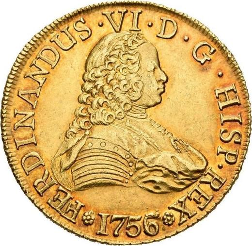 Anverso 8 escudos 1756 So J - valor de la moneda de oro - Chile, Fernando VI