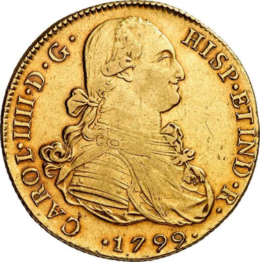 Awers monety - 8 escudo 1799 IJ - cena złotej monety - Peru, Karol IV