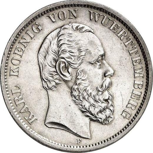 Аверс монеты - 5 марок 1874 года F "Вюртемберг" - цена серебряной монеты - Германия, Германская Империя