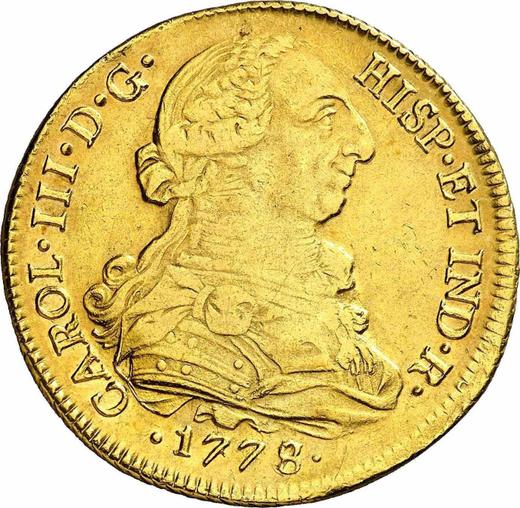 Anverso 8 escudos 1778 So DA - valor de la moneda de oro - Chile, Carlos III